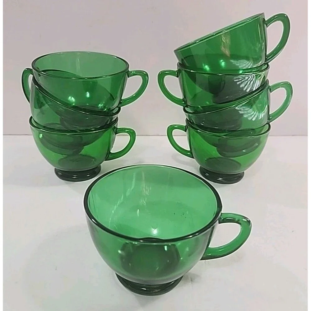 Vtg 8oz Anchor Hocking Set of 8 Forest Green Glass Coffee Punch Tea Cups